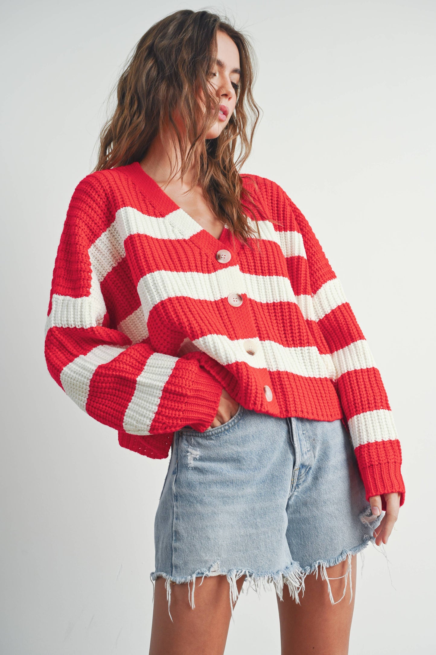 Striped V-Neck Cardigan with Buttons