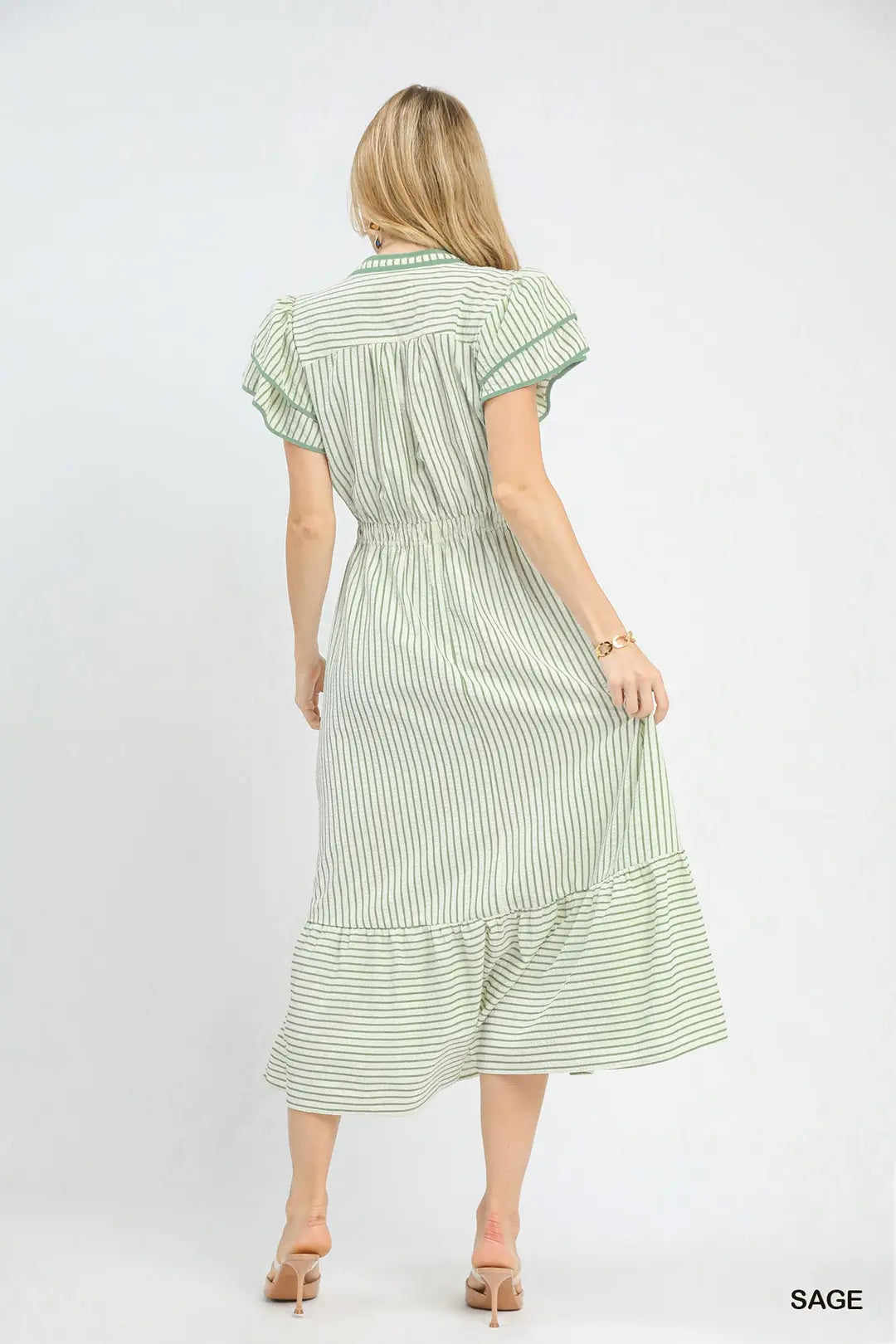 Striped Flutter Sleeve Midi Dress