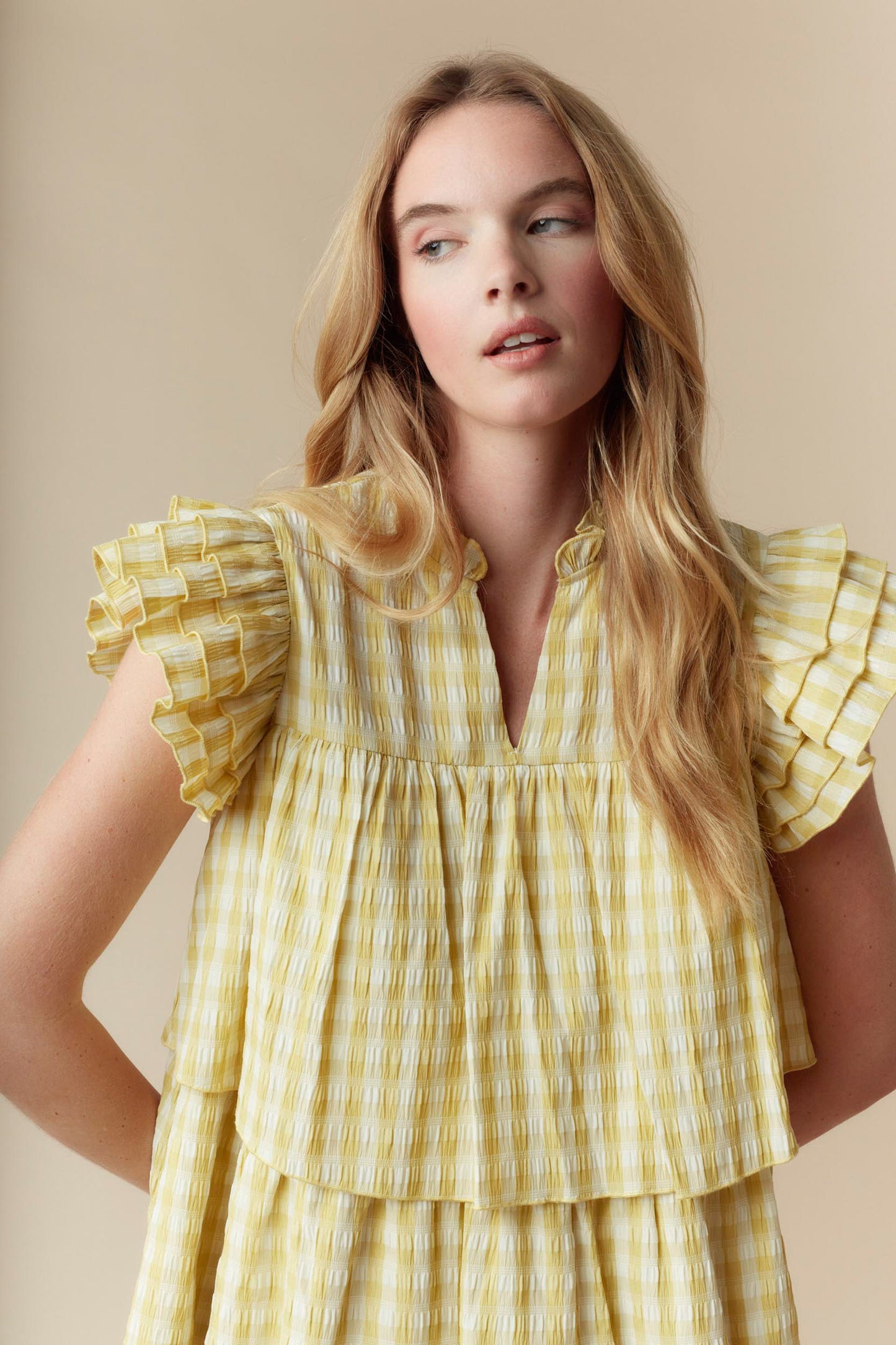 Gingham Tiered Mini Dress with Ruffle Sleeve