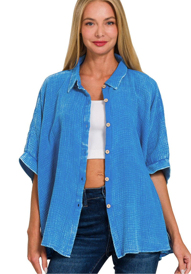 Washed Double Gauze Button Down Half Sleeve Shirt