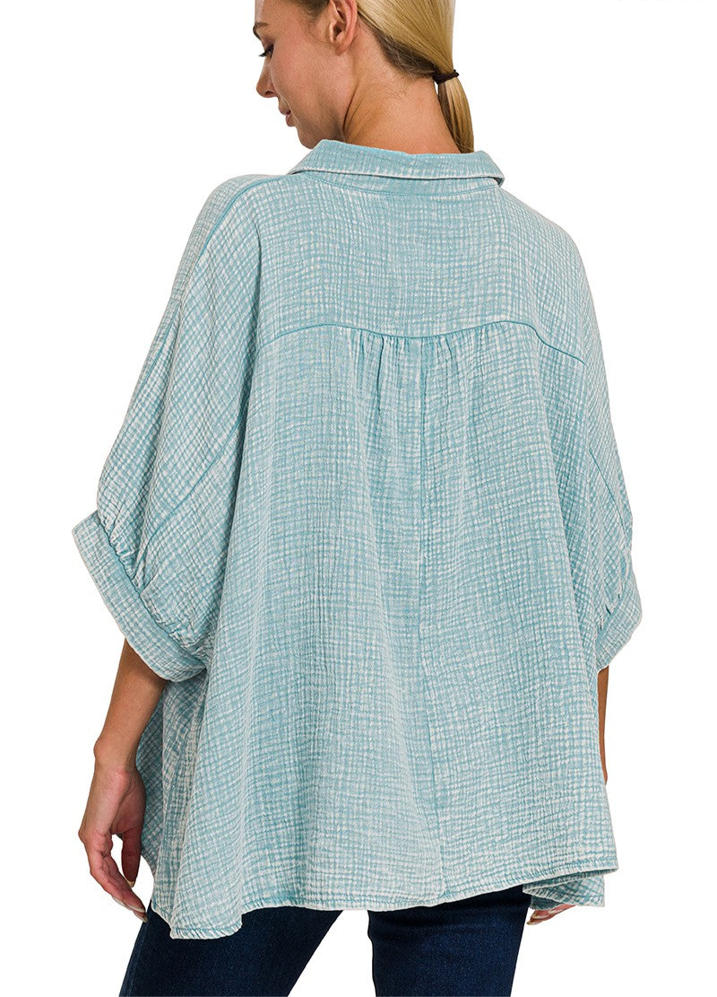 Washed Double Gauze Button Down Half Sleeve Shirt