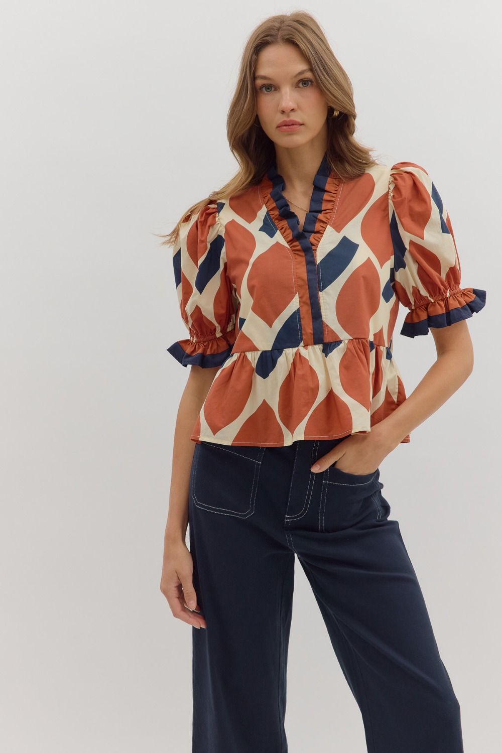 Abstract Print Puff Sleeve Peplum Top - Ecru Rust
