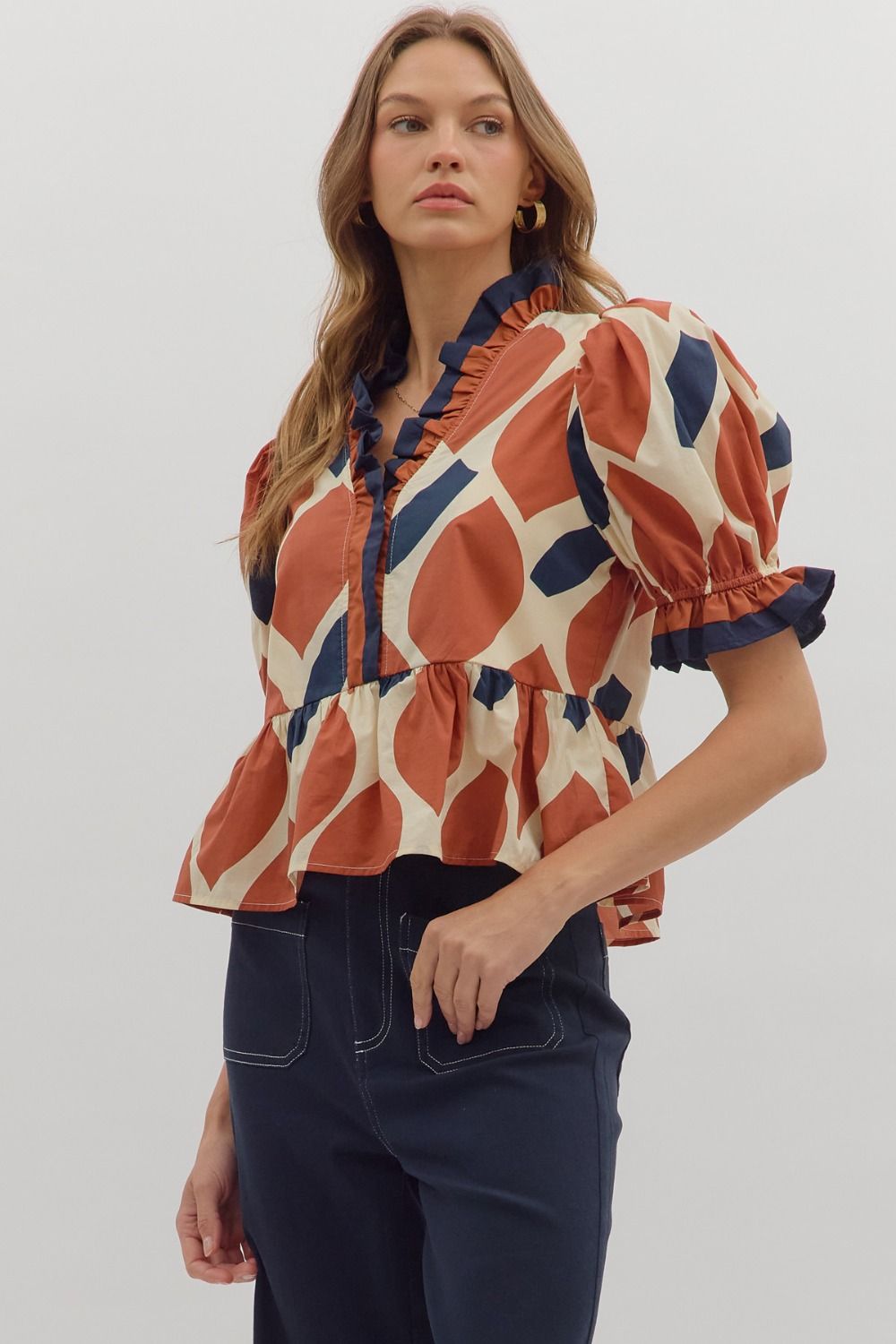 Abstract Print Puff Sleeve Peplum Top - Ecru Rust