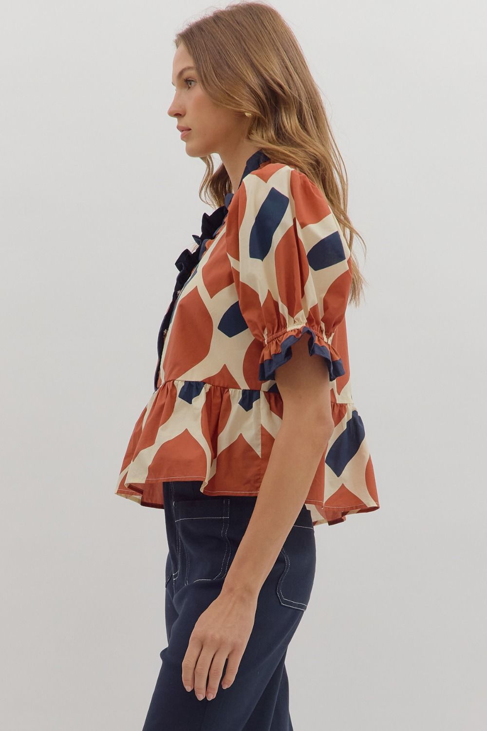 Abstract Print Puff Sleeve Peplum Top - Ecru Rust