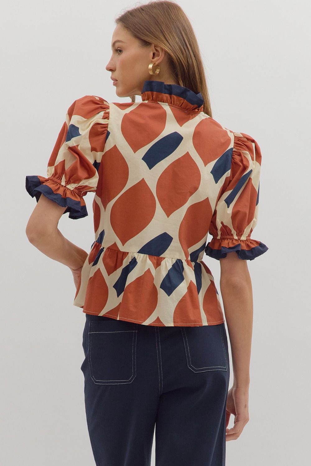 Abstract Print Puff Sleeve Peplum Top - Ecru Rust