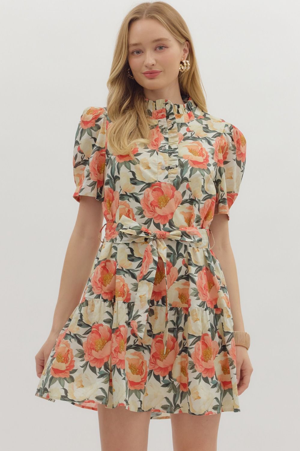 Floral Print Puff Shoulder Sleeve Mini Dress - Apricot