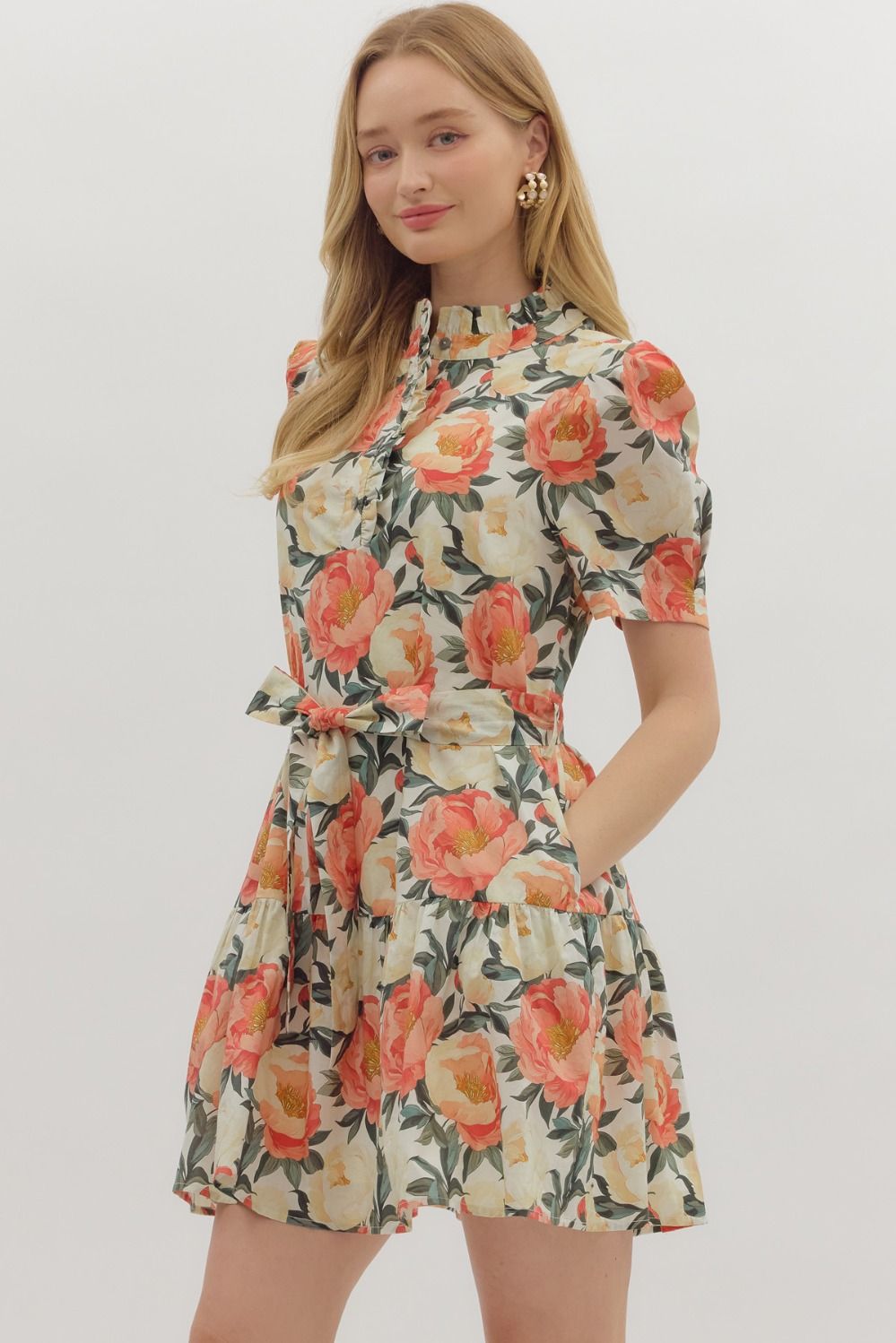Floral Print Puff Shoulder Sleeve Mini Dress - Apricot