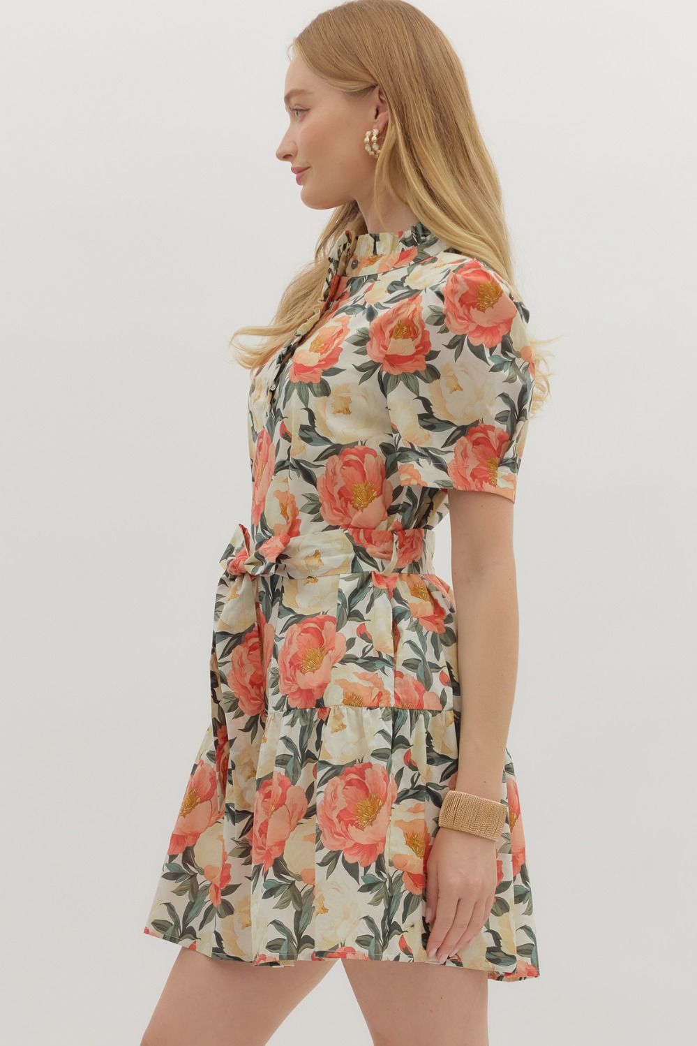 Floral Print Puff Shoulder Sleeve Mini Dress - Apricot