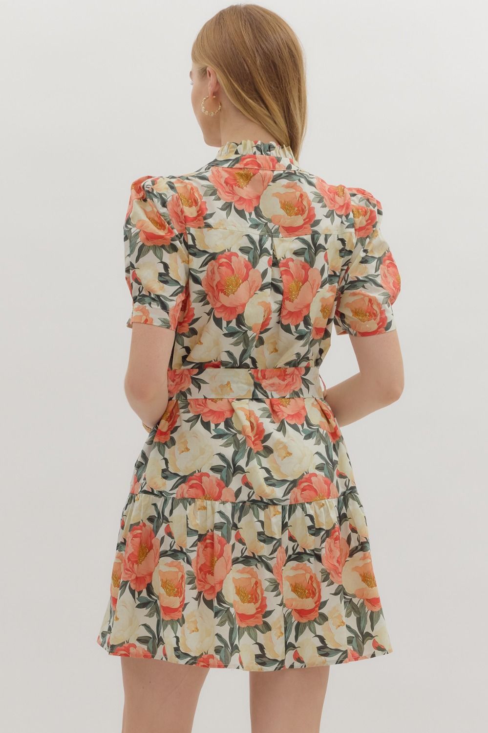 Floral Print Puff Shoulder Sleeve Mini Dress - Apricot