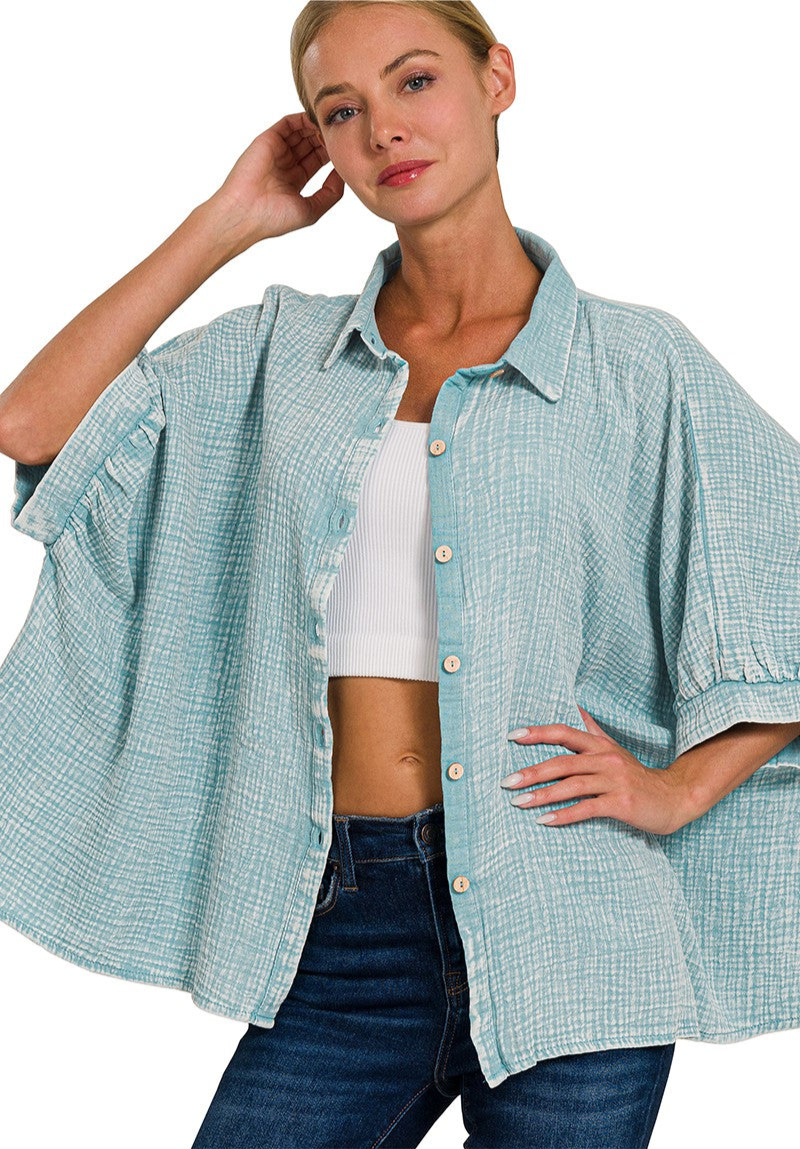 Washed Double Gauze Button Down Half Sleeve Shirt