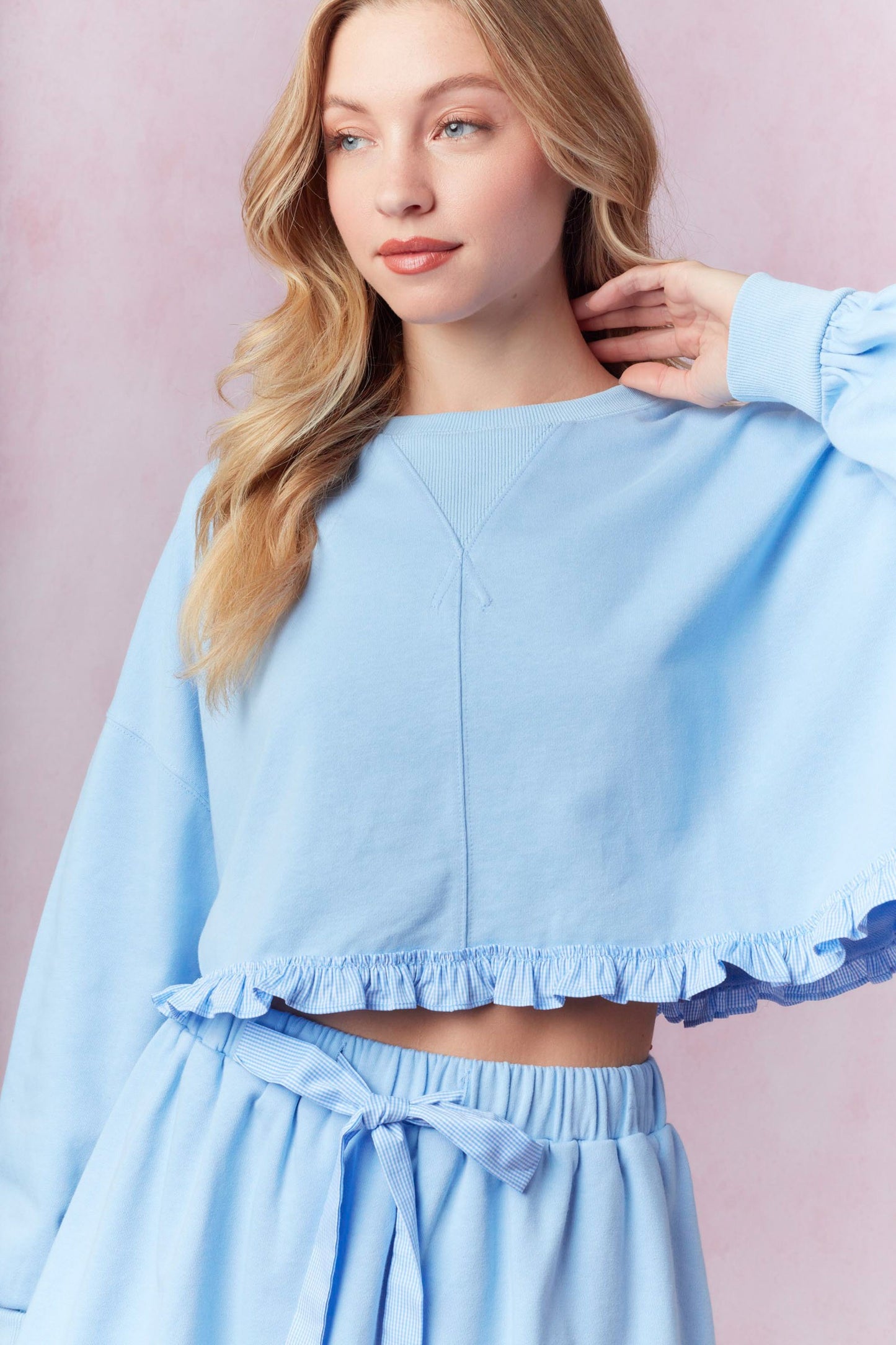 Gingham Ruffle Cropped Sweatshirt