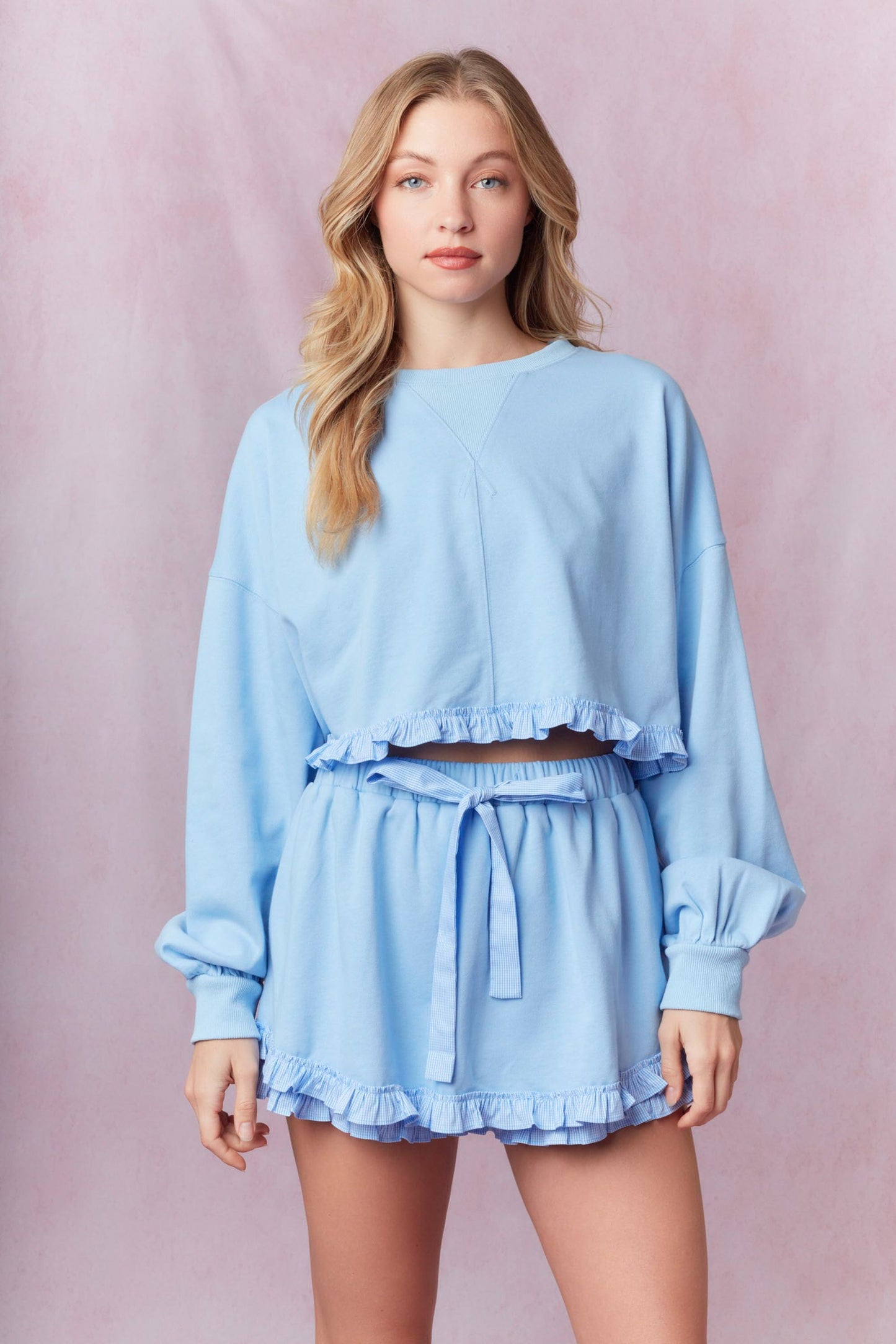 Gingham Ruffle Cropped Sweatshirt