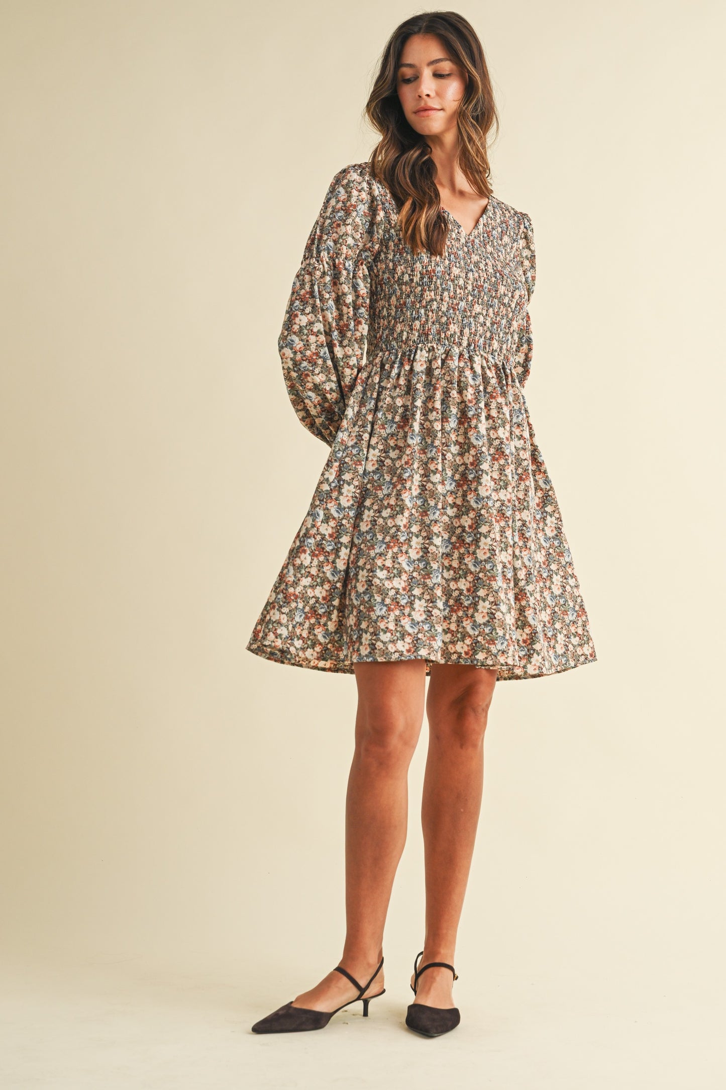 Vintage Flower Print Smocking Detail Mini Dress
