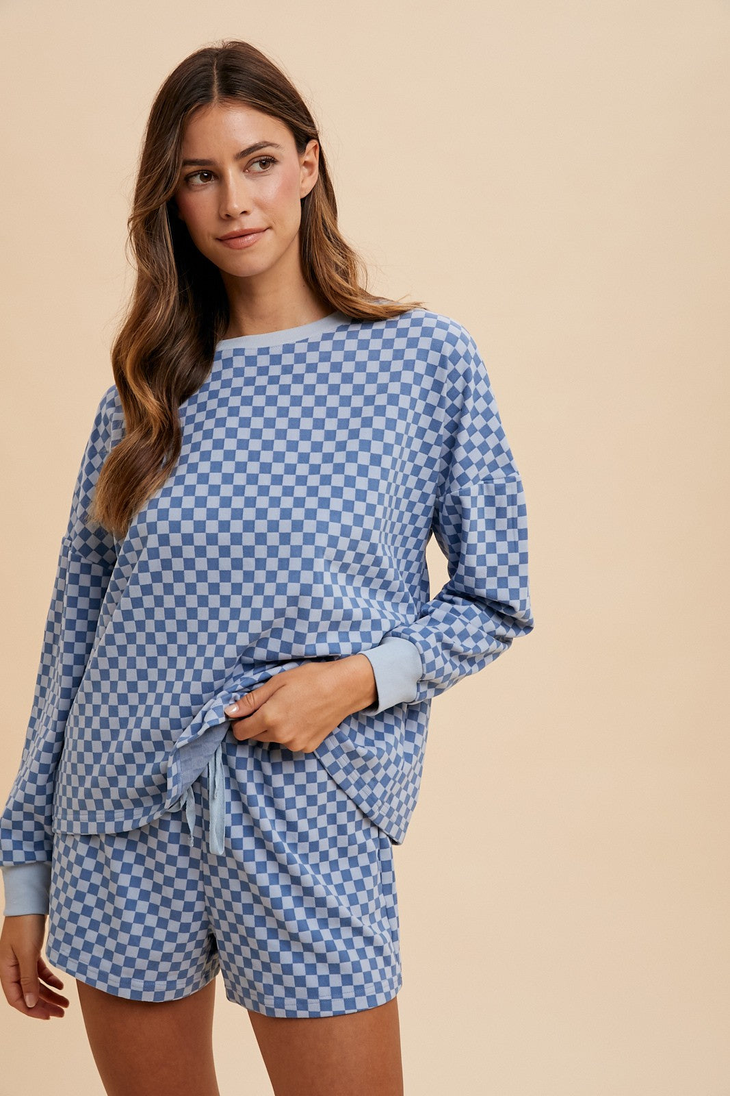 Checkerboard Soft Brushed Knit Pullover & Shorts