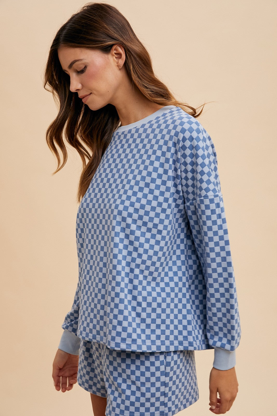 Checkerboard Soft Brushed Knit Pullover & Shorts