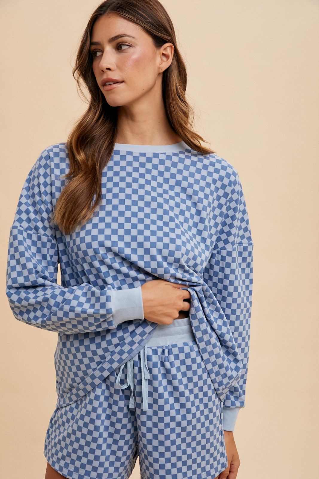Checkerboard Soft Brushed Knit Pullover & Shorts