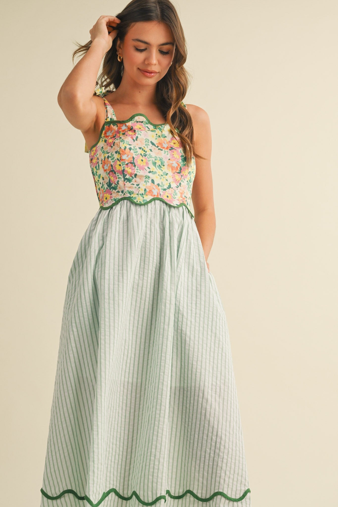 Scalloped Mixed Print Midi Dress