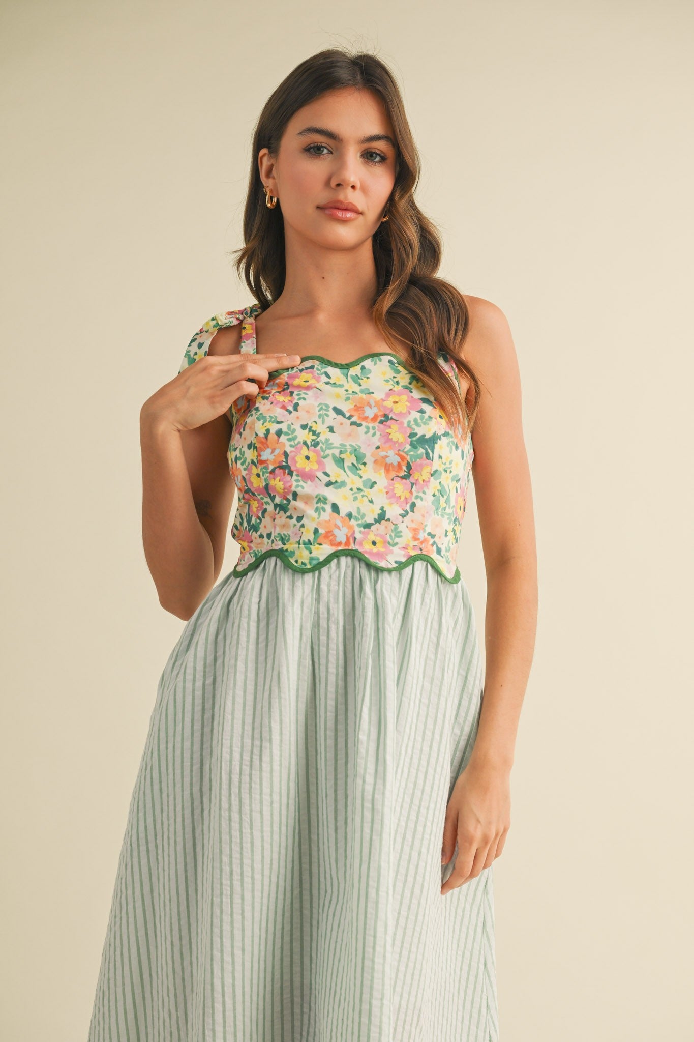 Scalloped Mixed Print Midi Dress