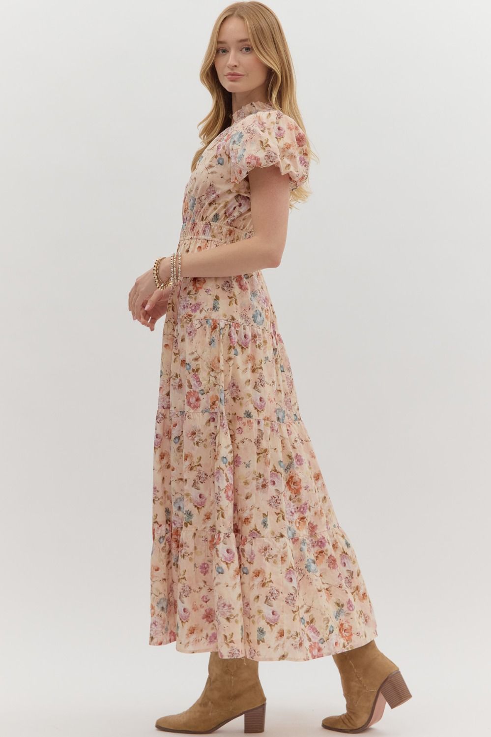 Floral Print Bubble Sleeve Tiered Midi Dress - Ecru