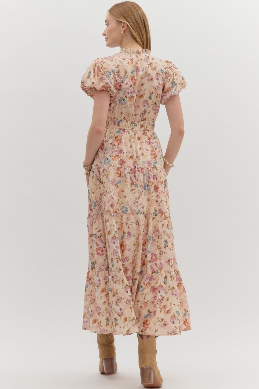 Floral Print Bubble Sleeve Tiered Midi Dress - Ecru
