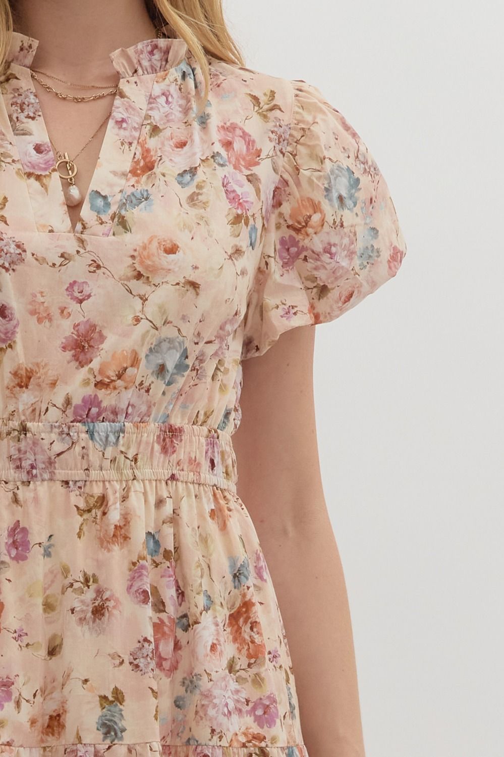 Floral Print Bubble Sleeve Tiered Midi Dress - Ecru