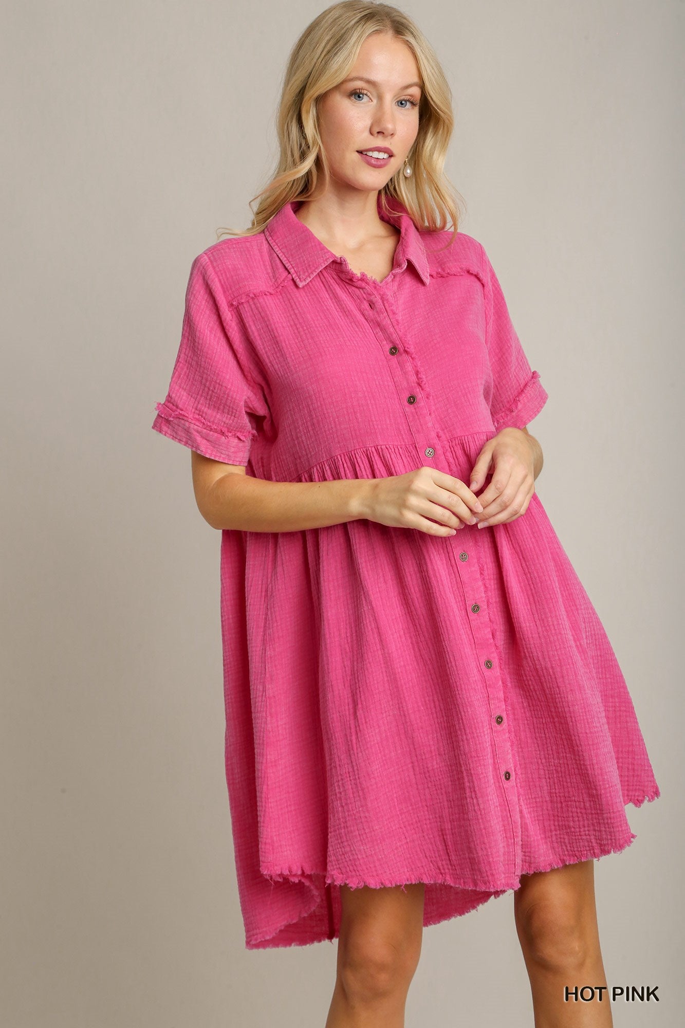 Mineral Wash Short Collared Dress - Hot Pink