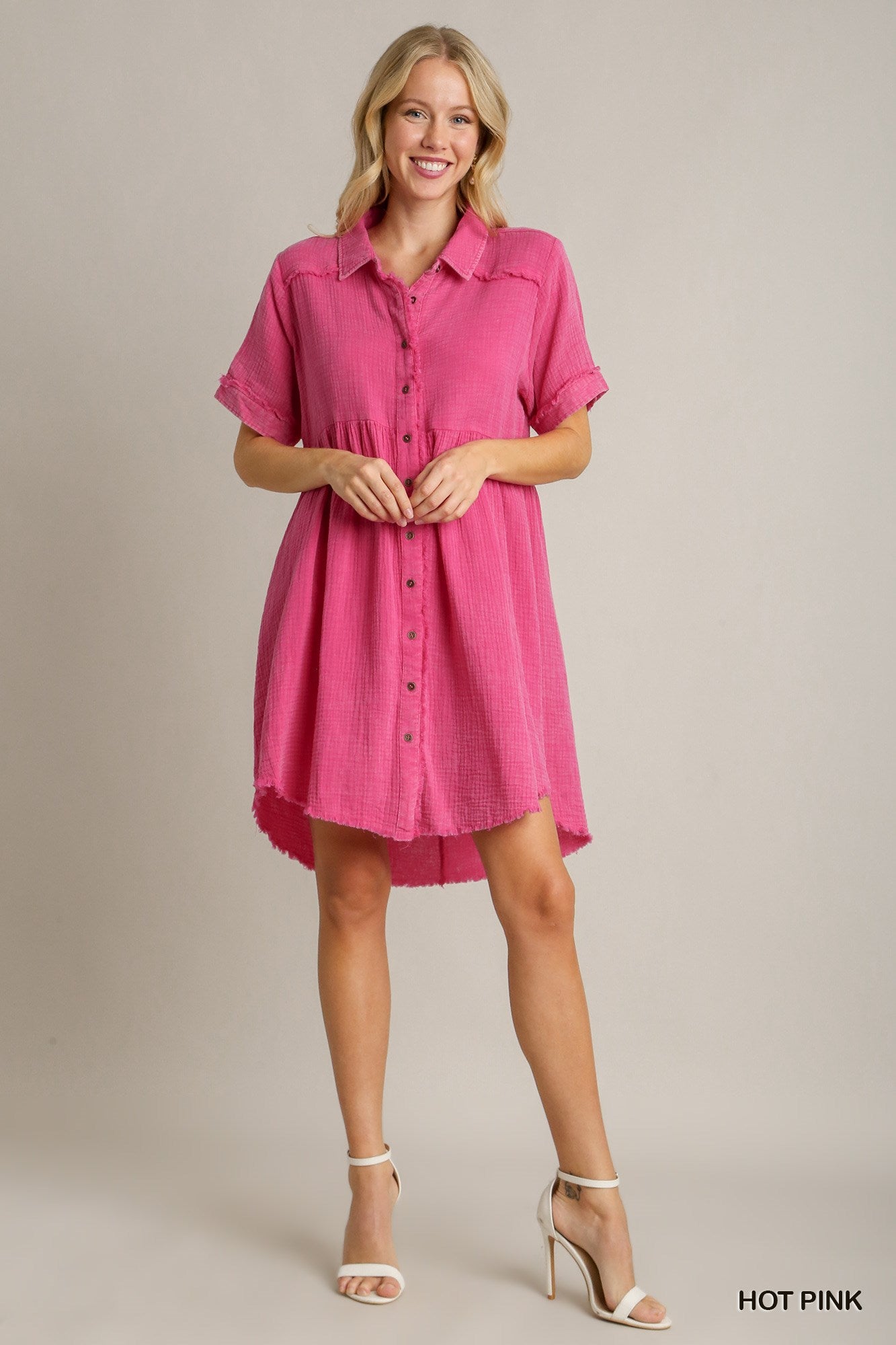 Mineral Wash Short Collared Dress - Hot Pink