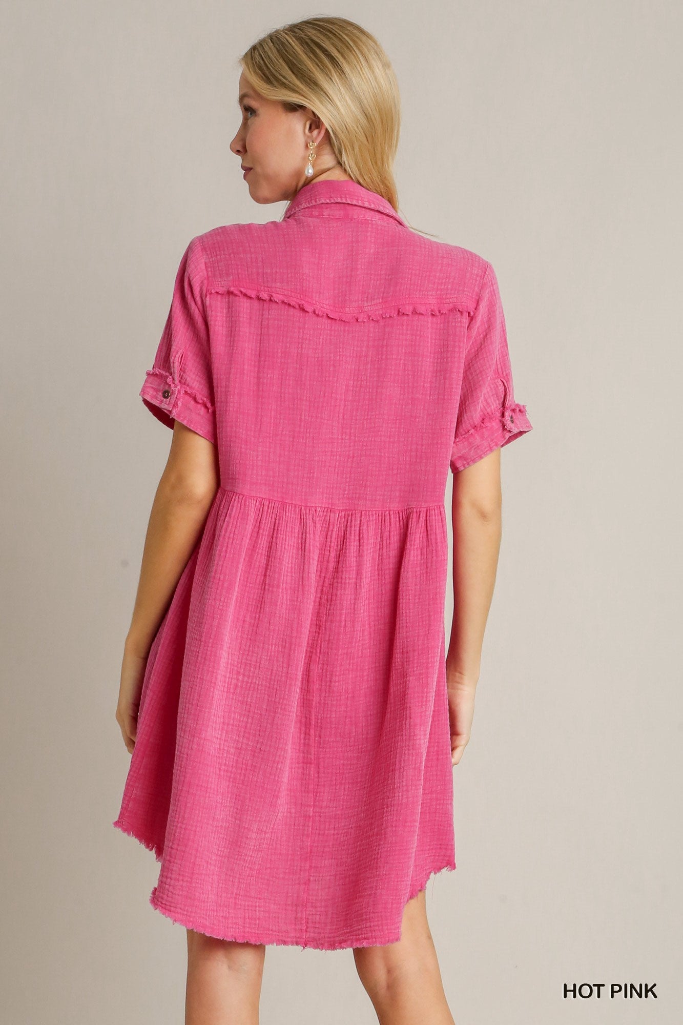 Mineral Wash Short Collared Dress - Hot Pink