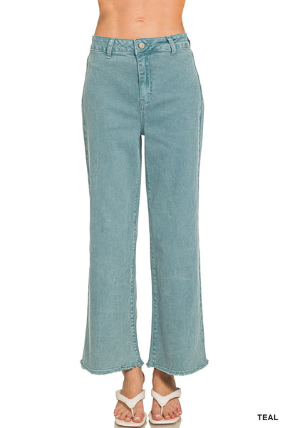 Acid Washed Frayed Cutoff Hem Straight Wide Pants