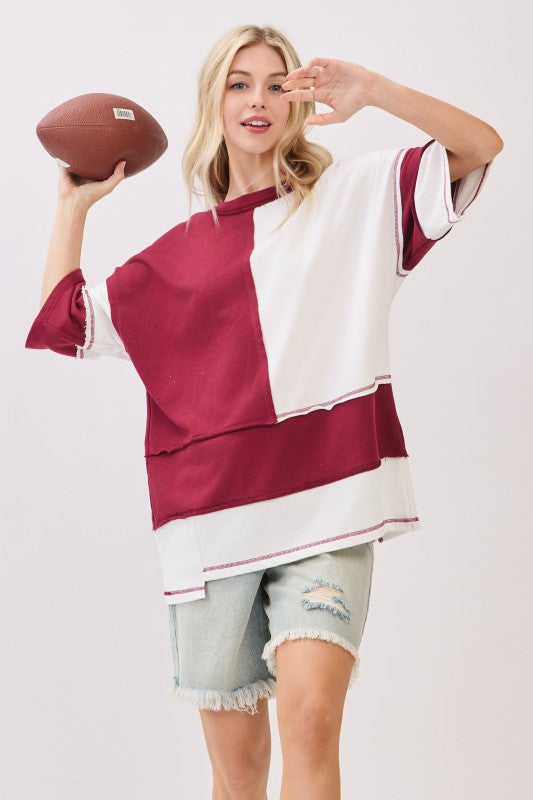 Oversized Color Block Game Day Tee - Burgandy