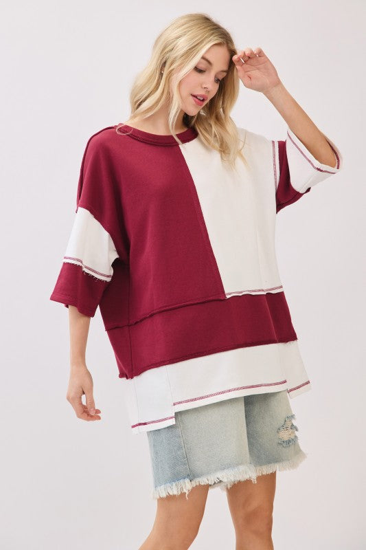 Oversized Color Block Game Day Tee - Burgandy