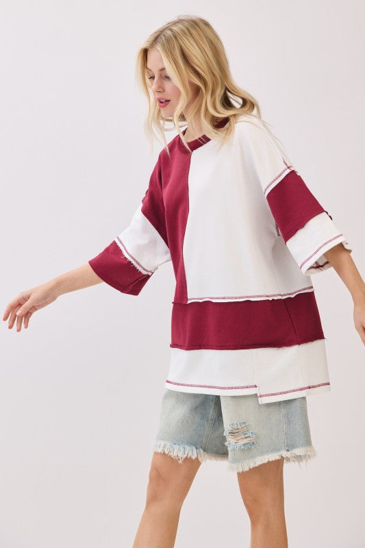 Oversized Color Block Game Day Tee - Burgandy