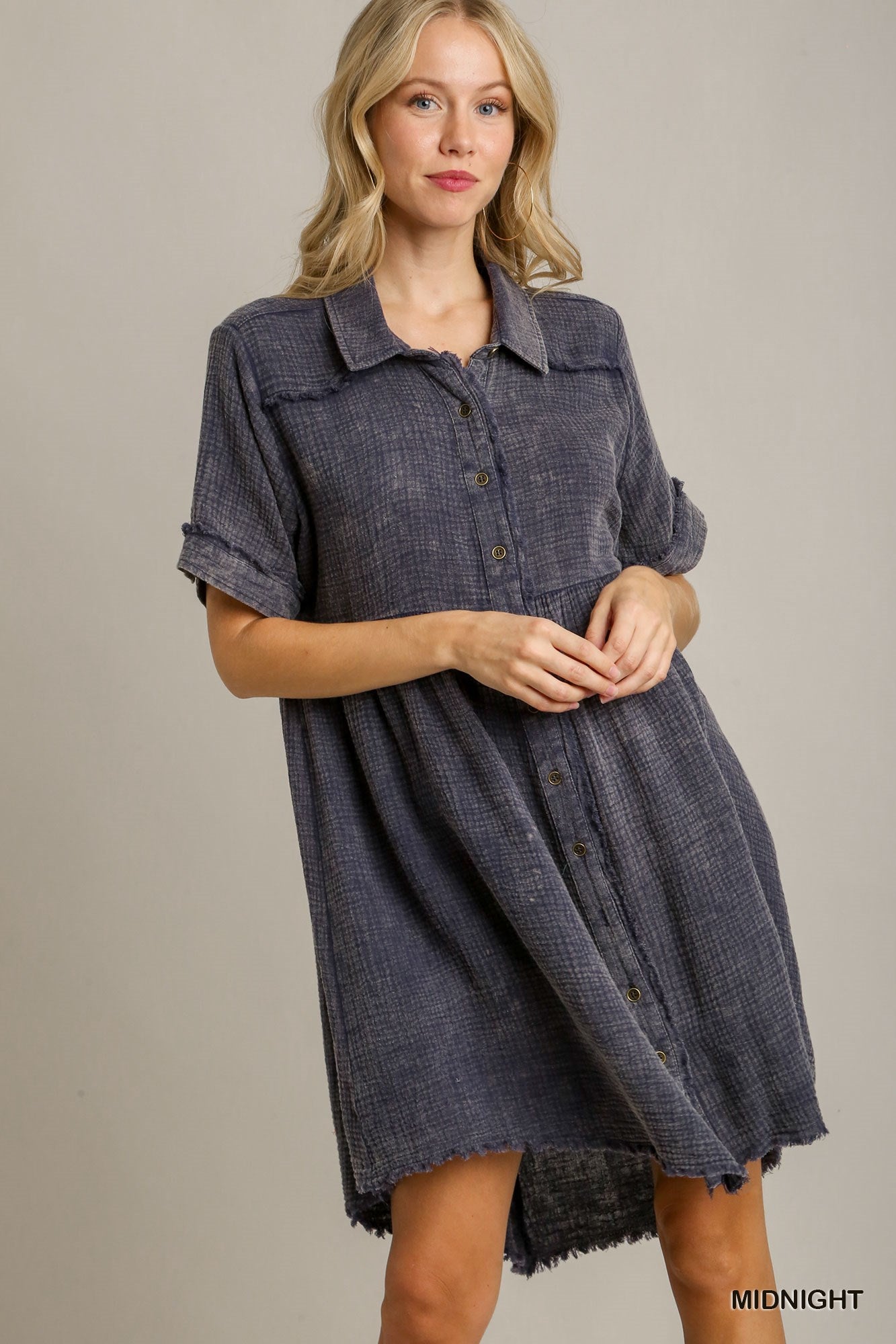 Mineral Wash Short Collared Dress - Midnight