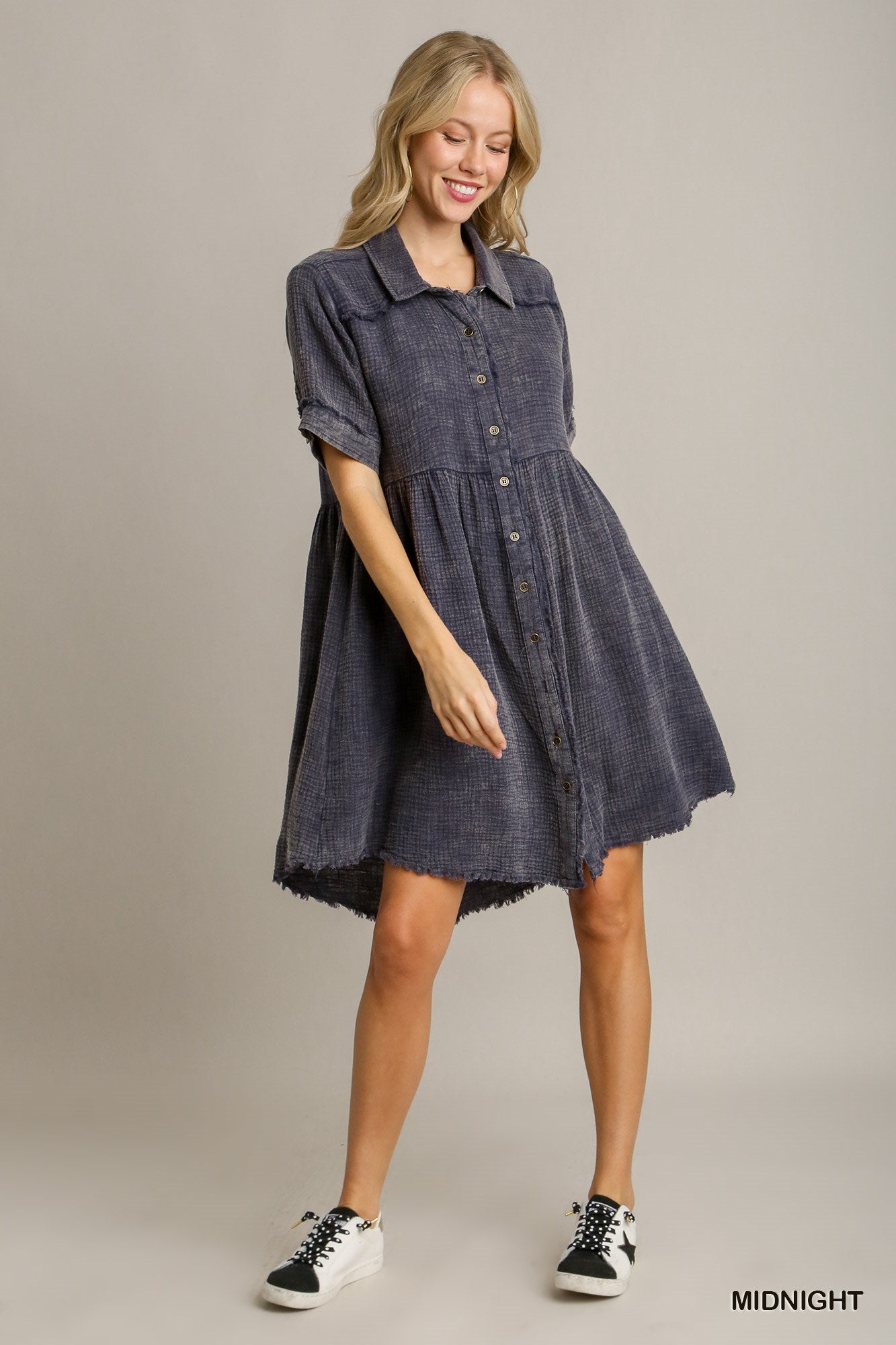 Mineral Wash Short Collared Dress - Midnight