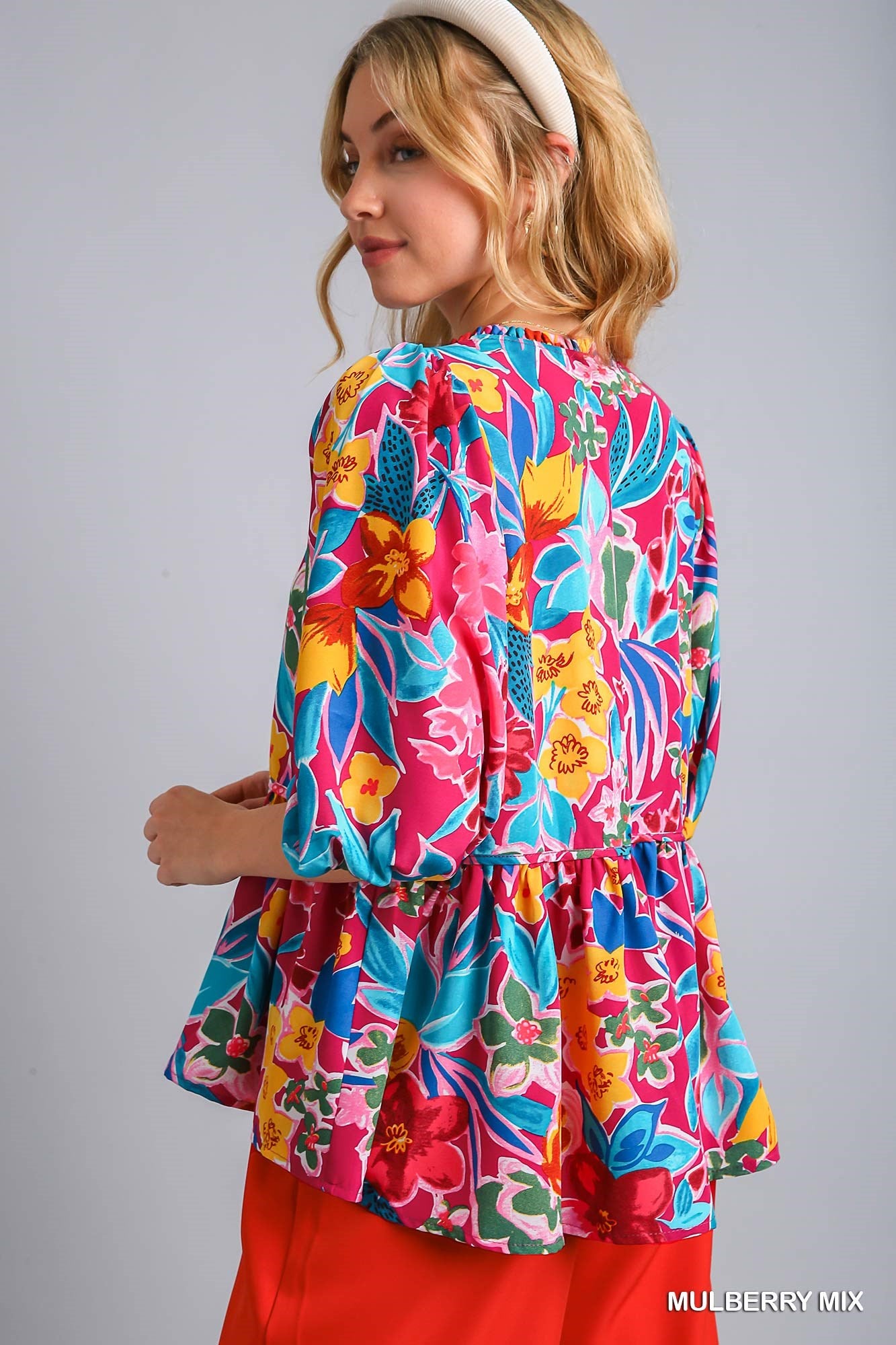 Floral Print V-Neck Baby Doll Top - Mulberry