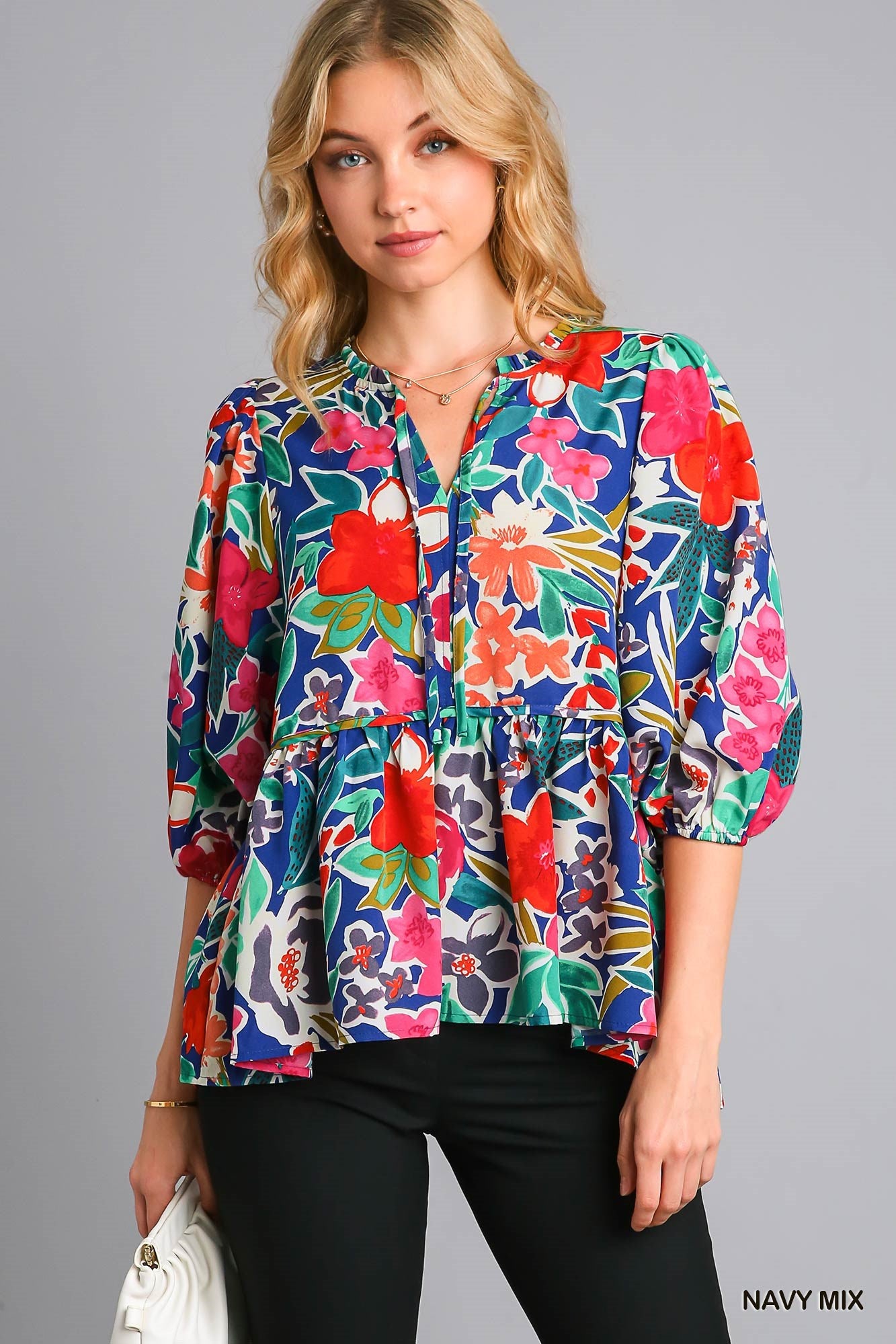 Floral Print V-Neck Baby Doll Top - Navy