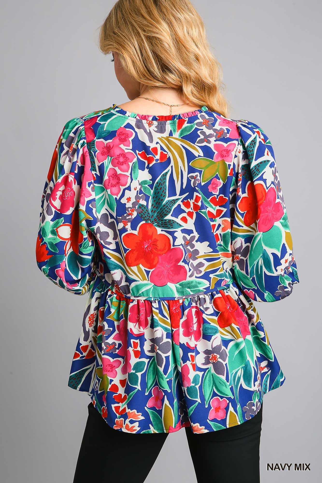 Floral Print V-Neck Baby Doll Top - Navy