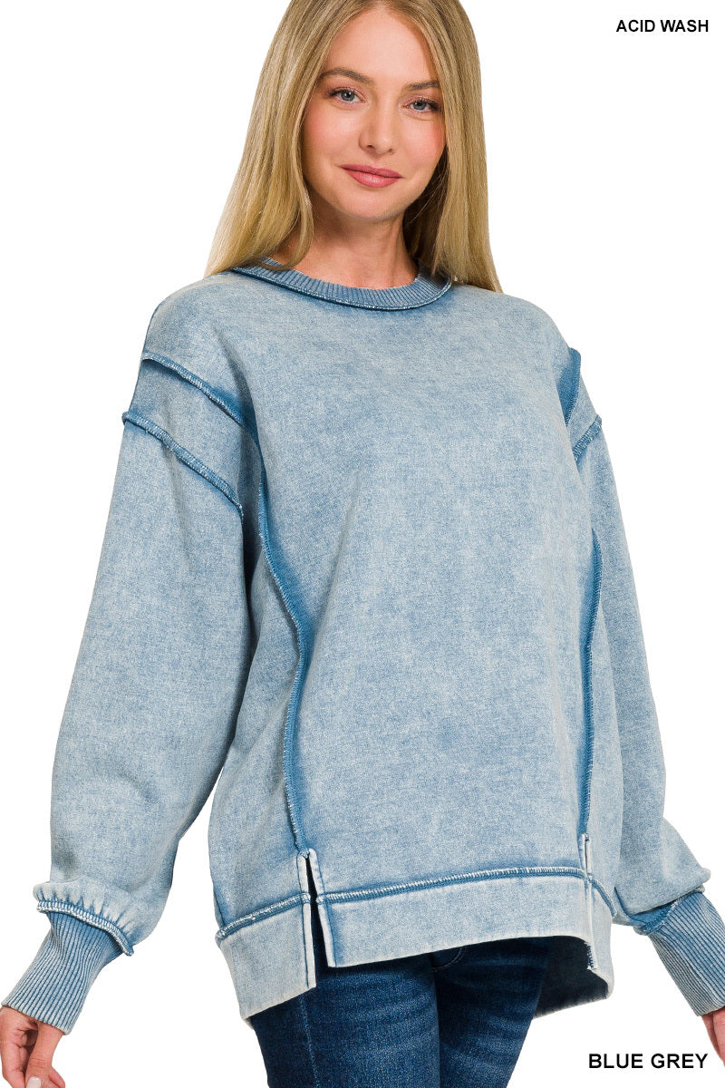Acid Wash Exposed Seam Fleece Sweatshirt - Blue Grey