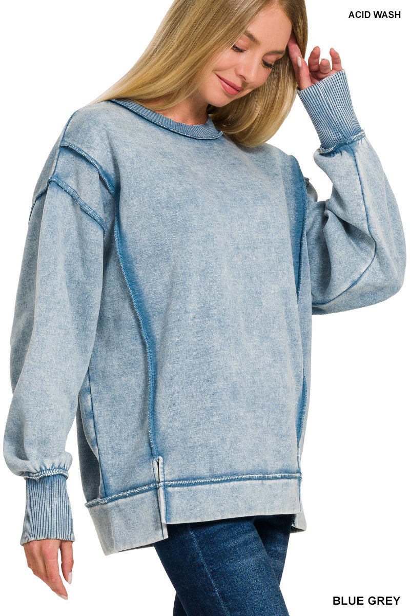 Acid Wash Exposed Seam Fleece Sweatshirt - Blue Grey