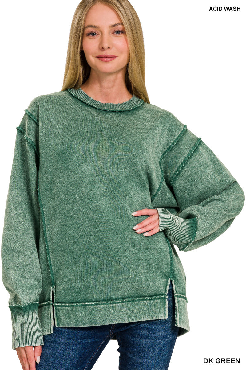 Acid Wash Exposed Seam Fleece Sweatshirt - Dk Green