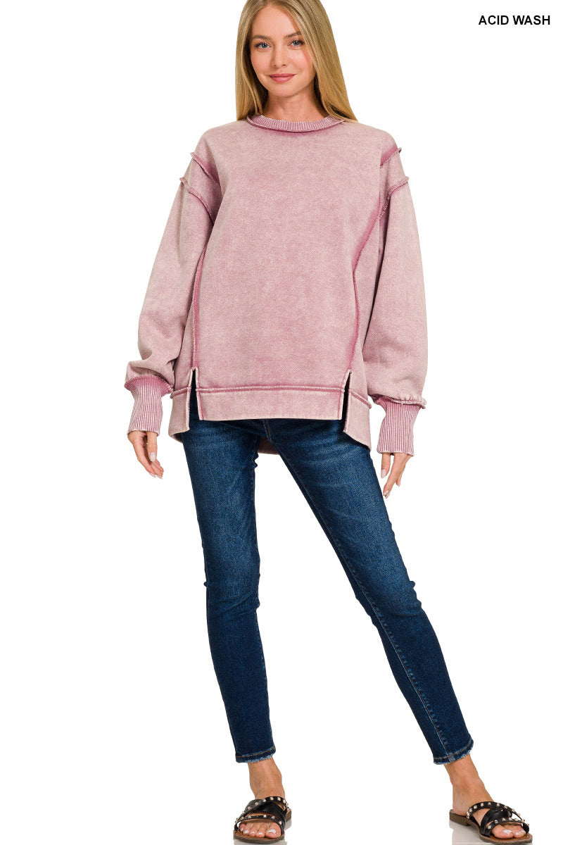 Acid Wash Exposed Seam Fleece Sweatshirt - Lt Rose