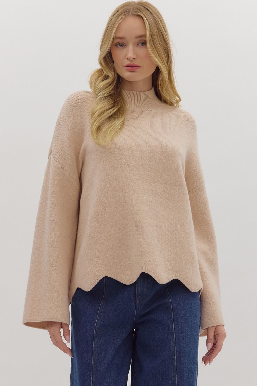 Long Sleeve Pullover Top w/Scallop Hem - Oatmeal