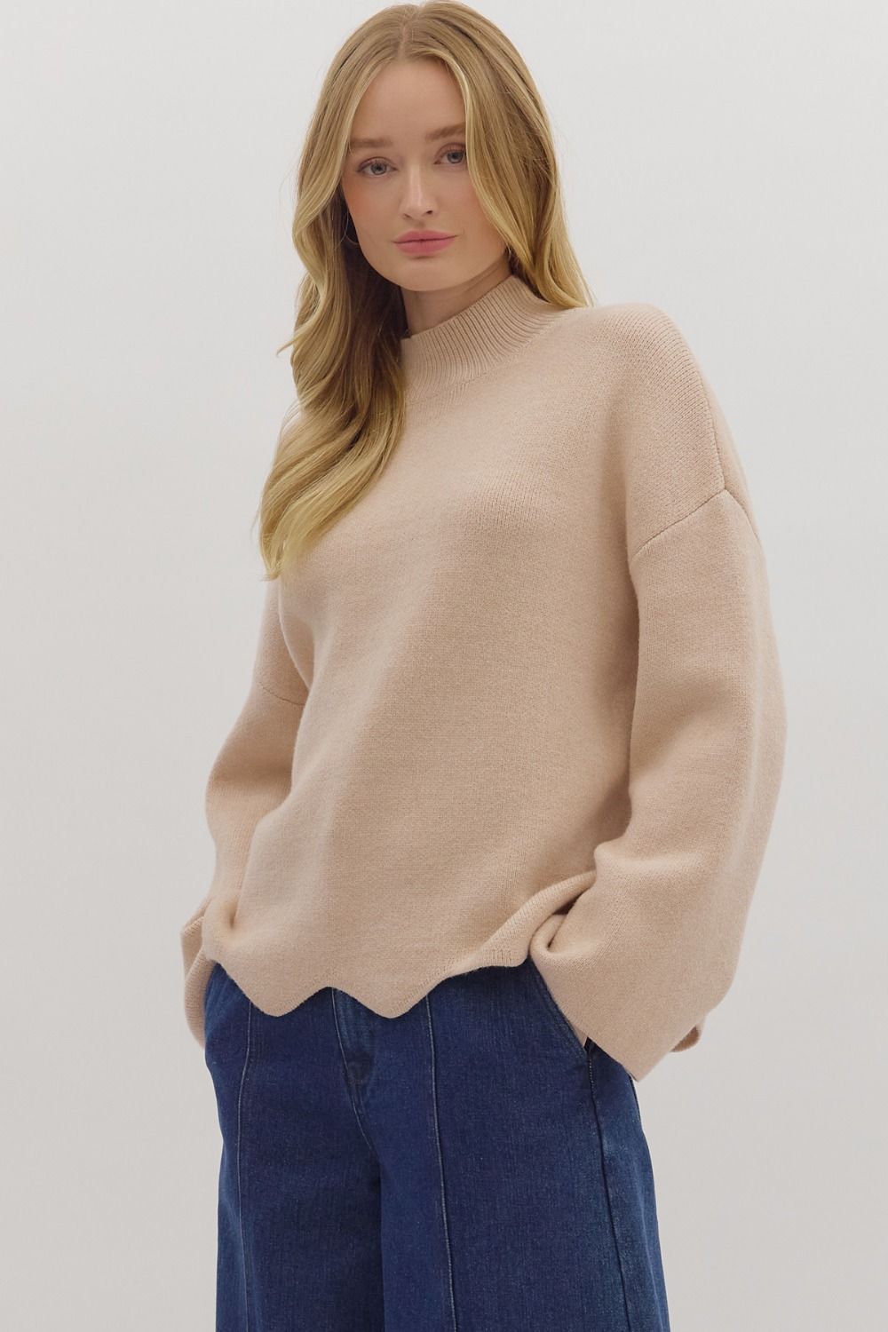 Long Sleeve Pullover Top w/Scallop Hem - Oatmeal