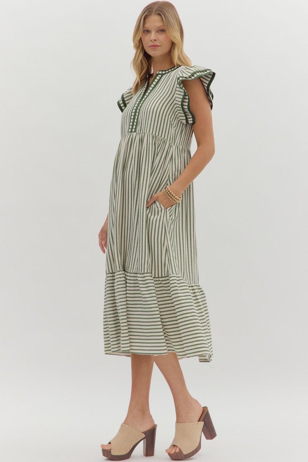 Textured Stripe Pattern Tiered Dress w/Ruffle Flutter Sleeve-Pine