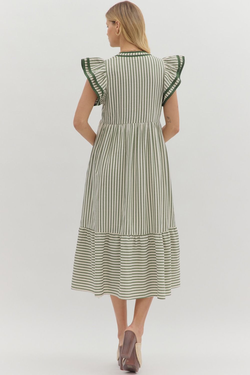 Textured Stripe Pattern Tiered Dress w/Ruffle Flutter Sleeve-Pine