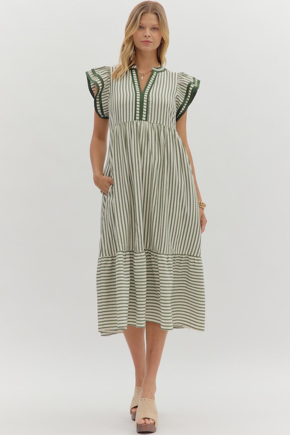 Textured Stripe Pattern Tiered Dress w/Ruffle Flutter Sleeve-Pine