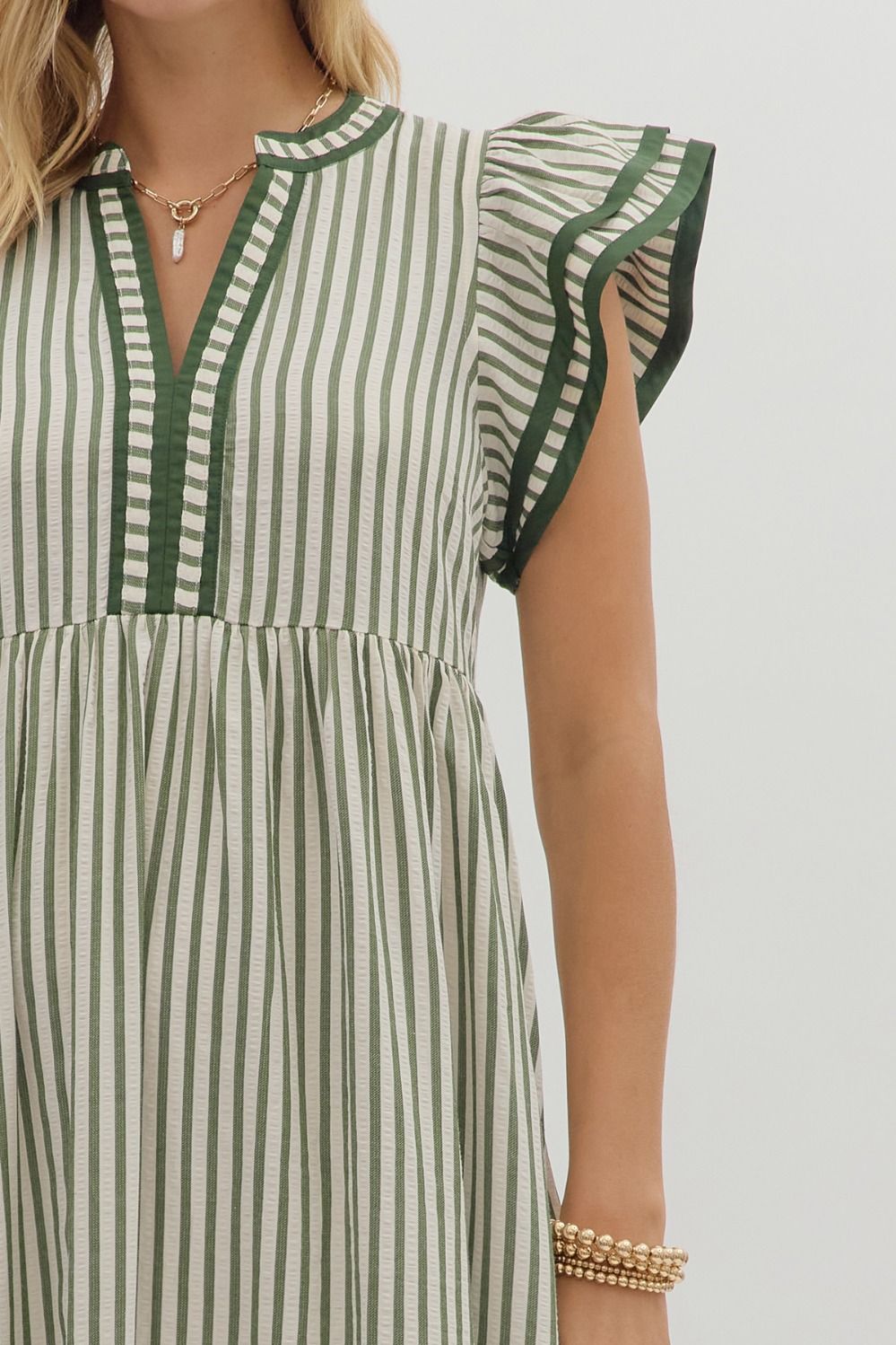 Textured Stripe Pattern Tiered Dress w/Ruffle Flutter Sleeve-Pine