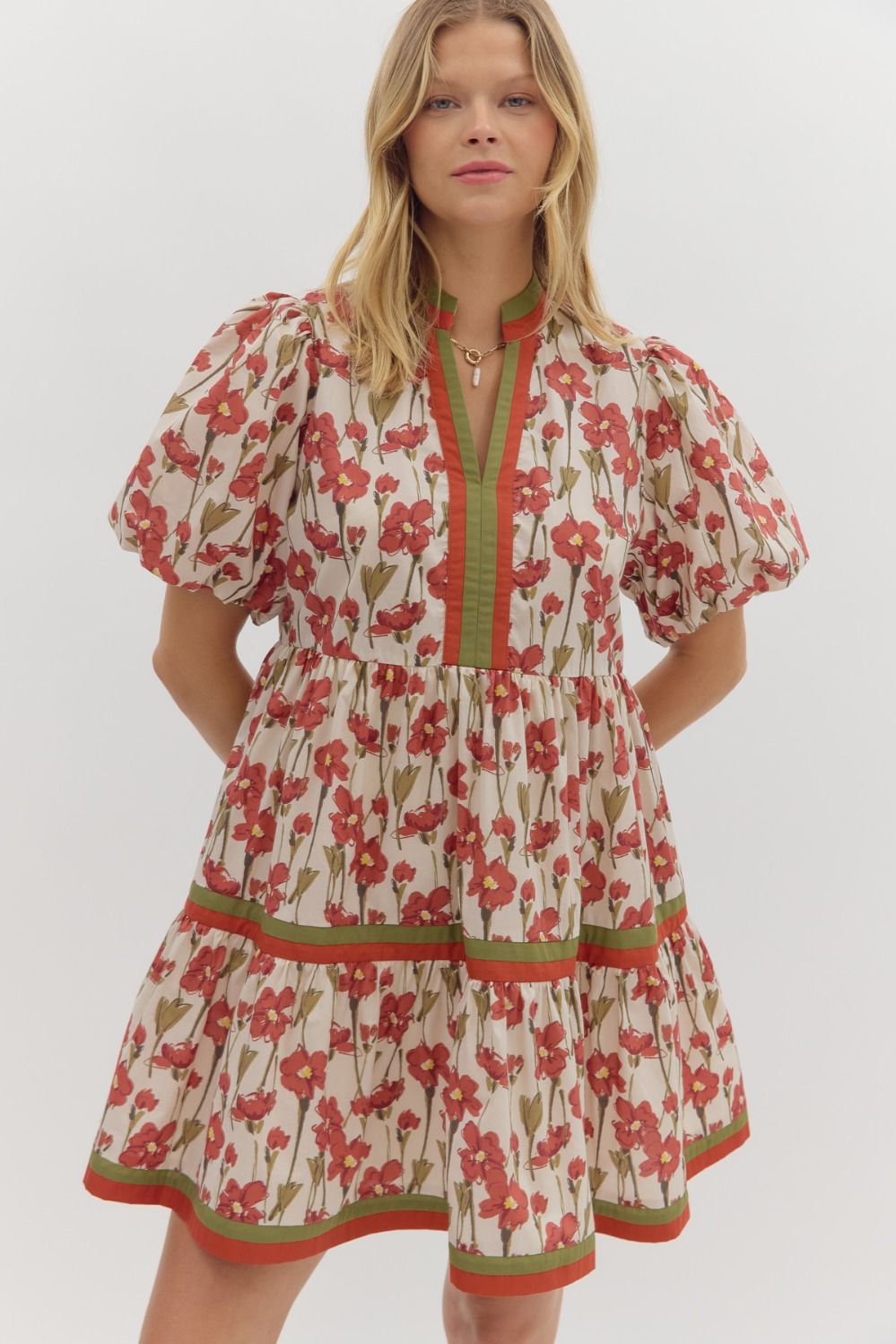 Floral Print Bubble Sleeve Mini Dress - Rust