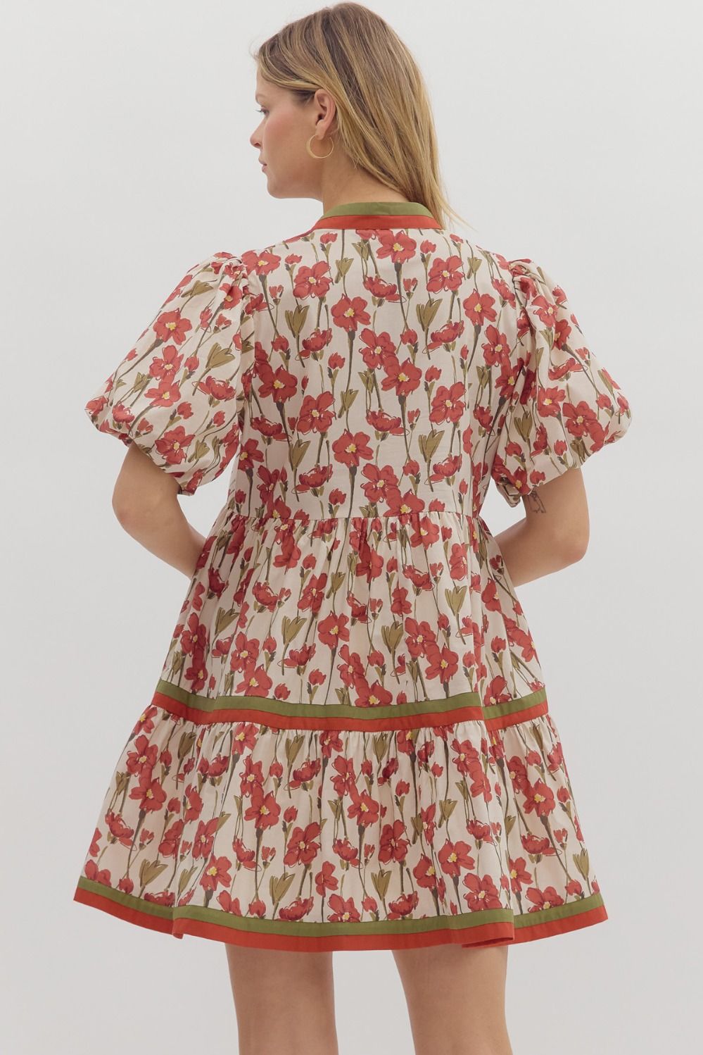 Floral Print Bubble Sleeve Mini Dress - Rust