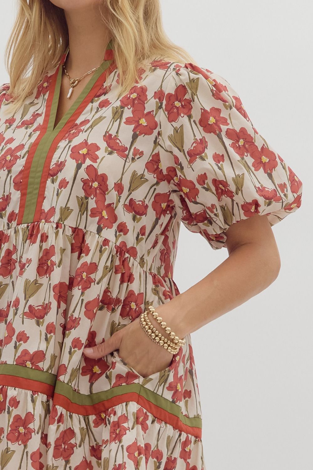 Floral Print Bubble Sleeve Mini Dress - Rust
